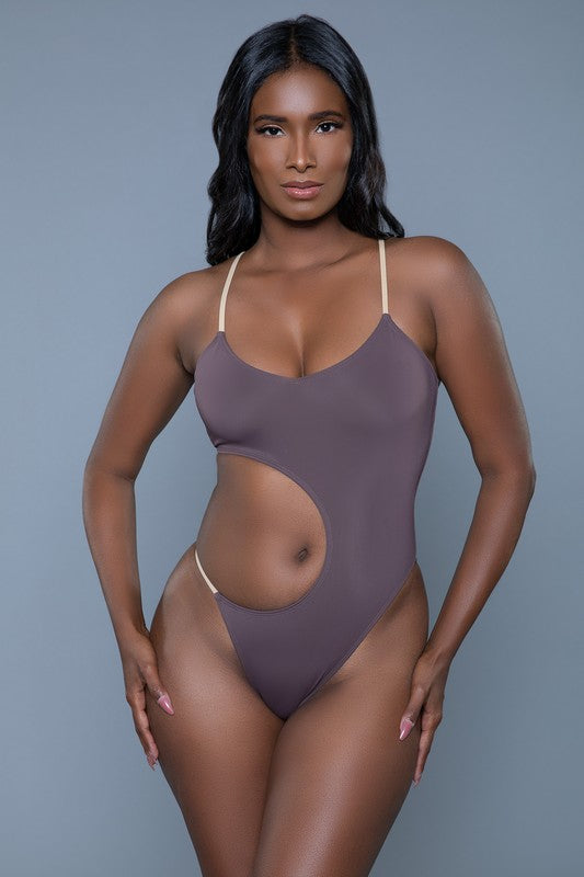 Brown color Amelia One Piece Brazilian Swimsuit with round neckline, padded top, adjustable straps, cut-out waist design and high-cut Brazilian cut bottom