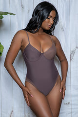 Brown Charlotte One Piece Swimsuit with color block padded cups, adjustable straps, back keyhole hook and eye closure and moderate bottom coverage