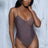 Brown Charlotte One Piece Swimsuit with color block padded cups, adjustable straps, back keyhole hook and eye closure and moderate bottom coverage