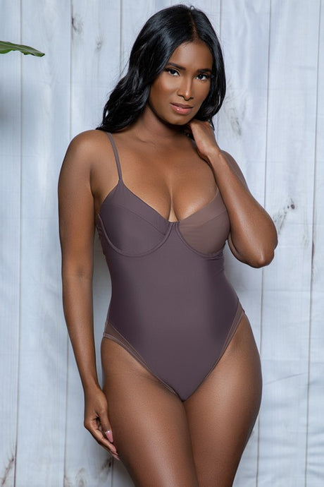 Brown Charlotte One Piece Swimsuit with color block padded cups, adjustable straps, back keyhole hook and eye closure and moderate bottom coverage