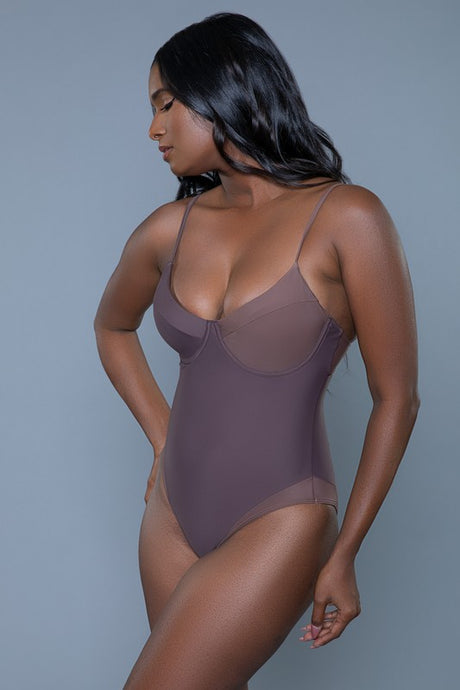 side view of Brown Charlotte One Piece Swimsuit with color block padded cups, adjustable straps, back keyhole hook and eye closure and moderate bottom coverage