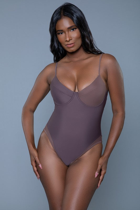 Brown Charlotte One Piece Swimsuit with color block padded cups, adjustable straps, back keyhole hook and eye closure and moderate bottom coverage