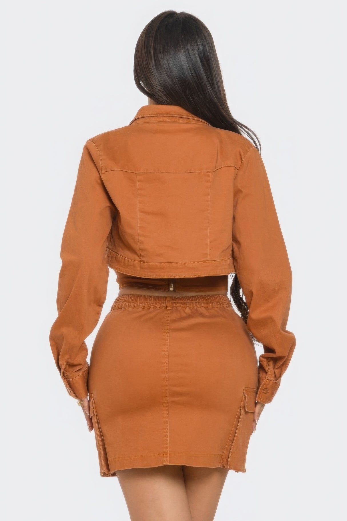 Brown Three Piece Cropped Jacket Skirt Set back