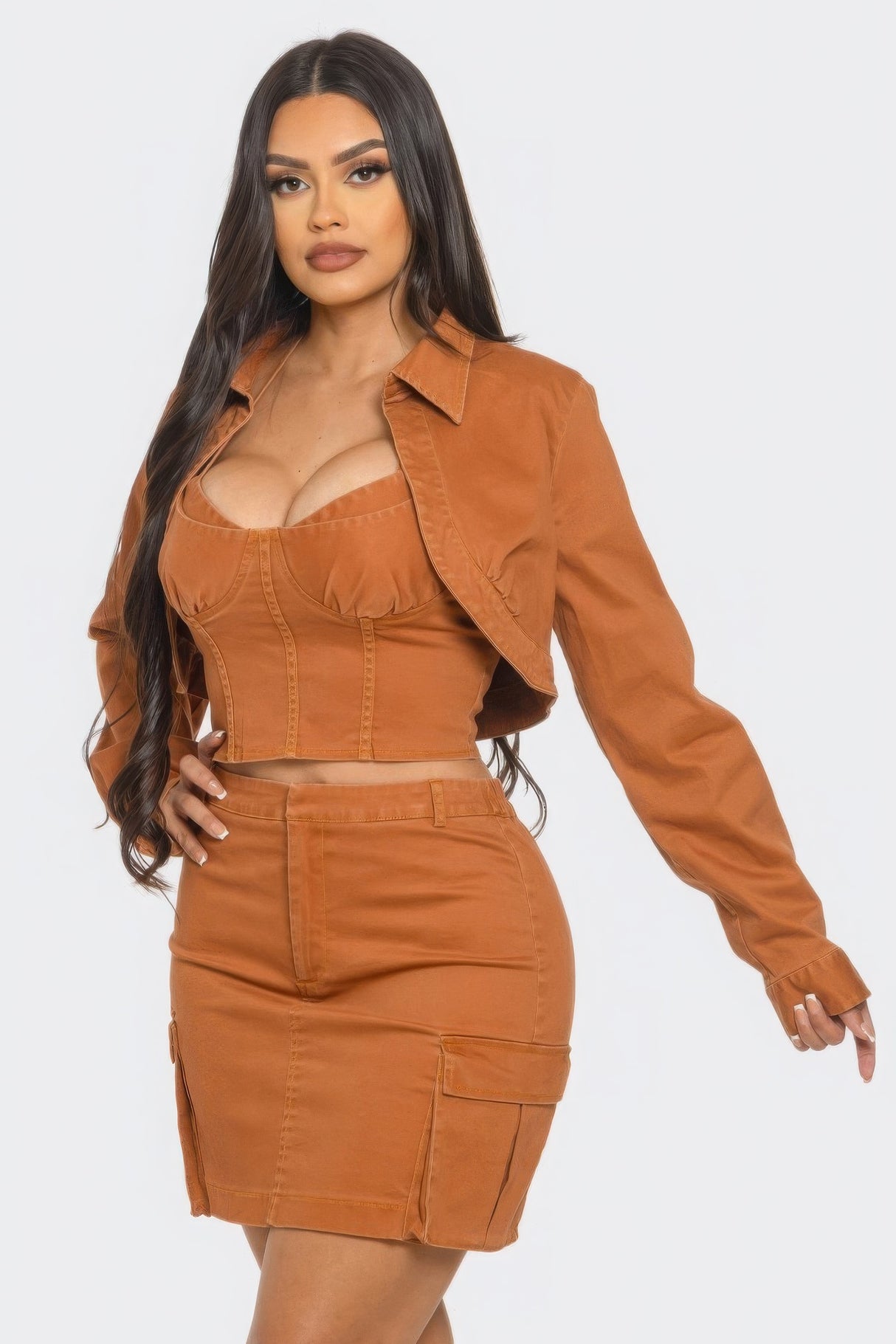 Brown Three Piece Cropped Jacket Skirt Set