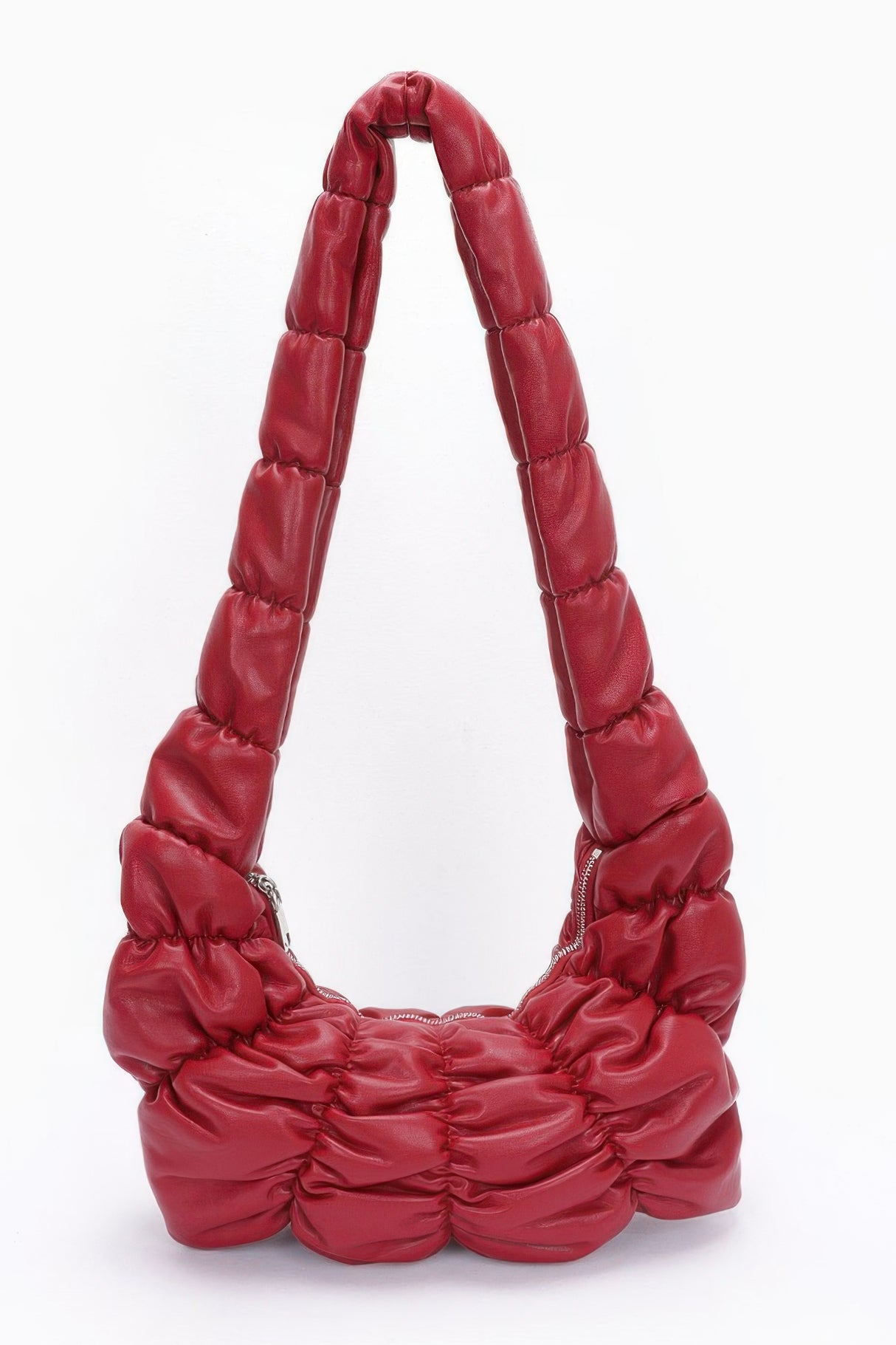 burgundy pleated faux leather crossbody bag with puffed-up handle