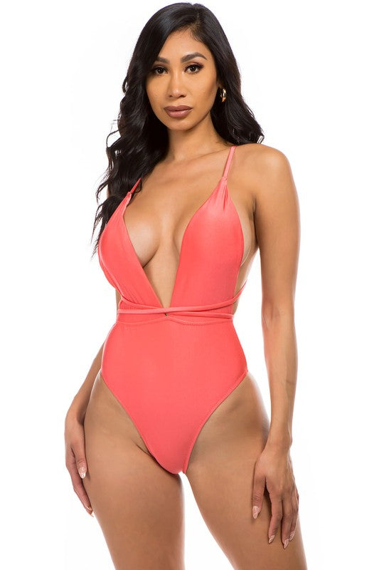 pink Low V-Neck One Piece Swimsuit