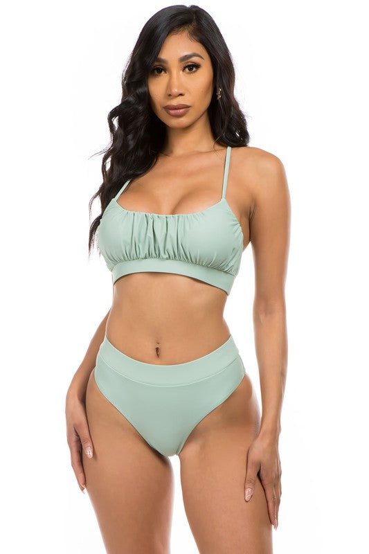 Sage green Ruched Top High Waisted Bikini front view on model