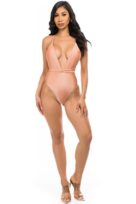 full body view of pink Low V-Neck One Piece Swimsuit