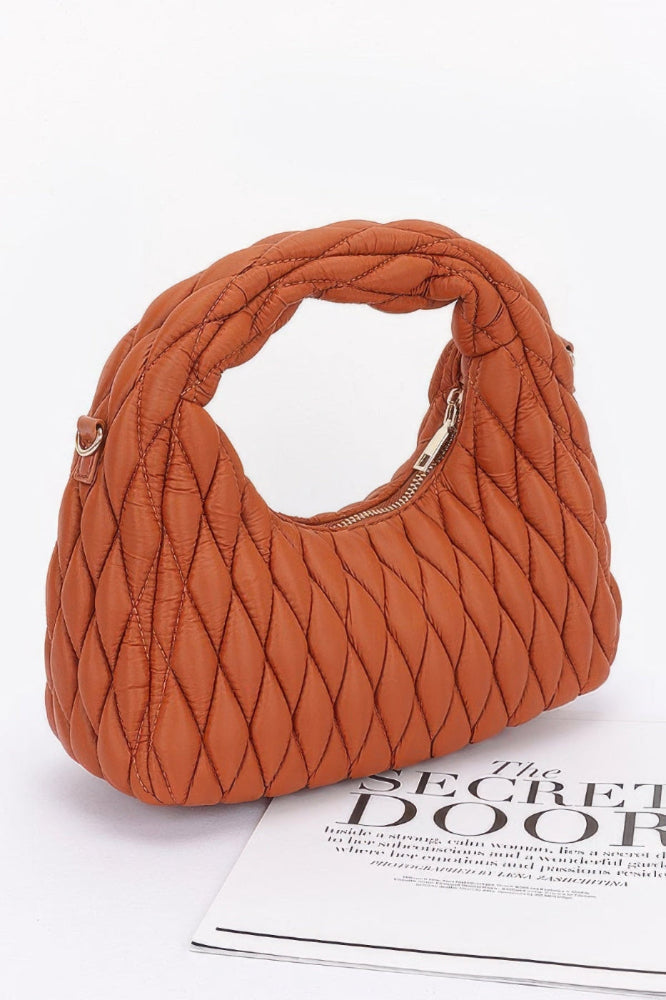 camel Quilted Faux Leather Hobo Bag