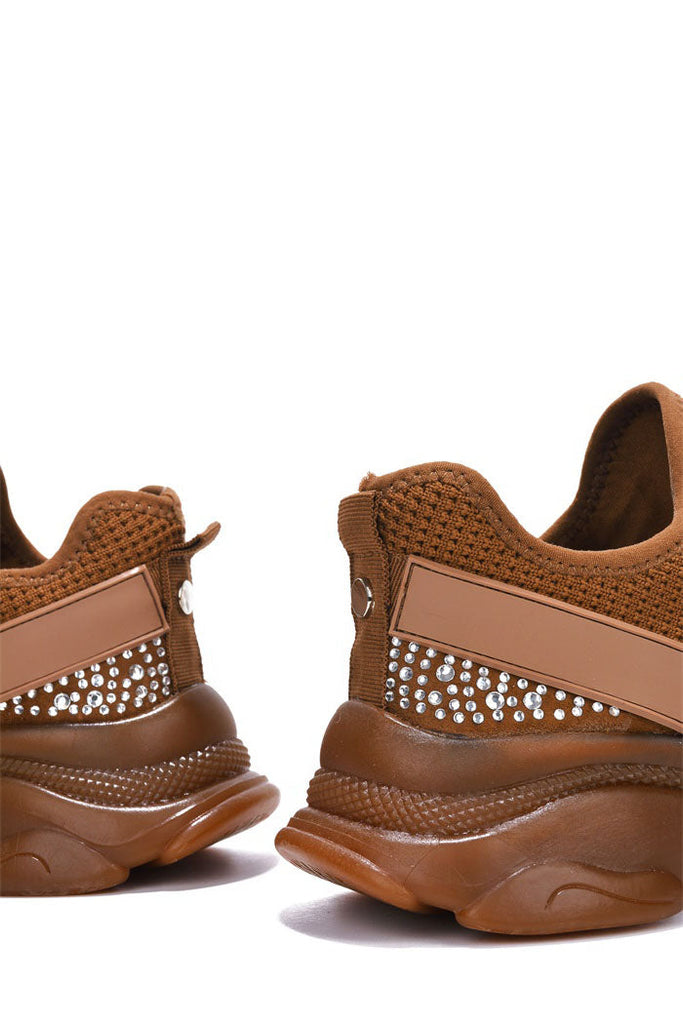 Low Top Rhinestone Sneakers - Brown