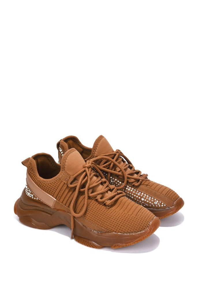 Low Top Rhinestone Sneakers - Brown