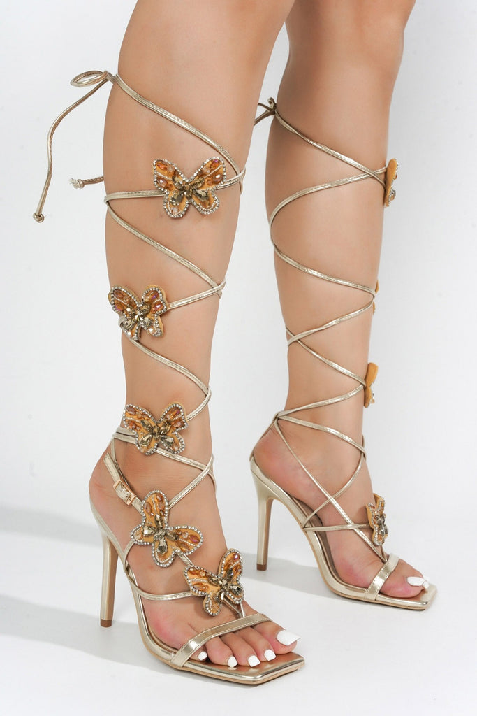 Butterfly Lace Up Heels - Gold