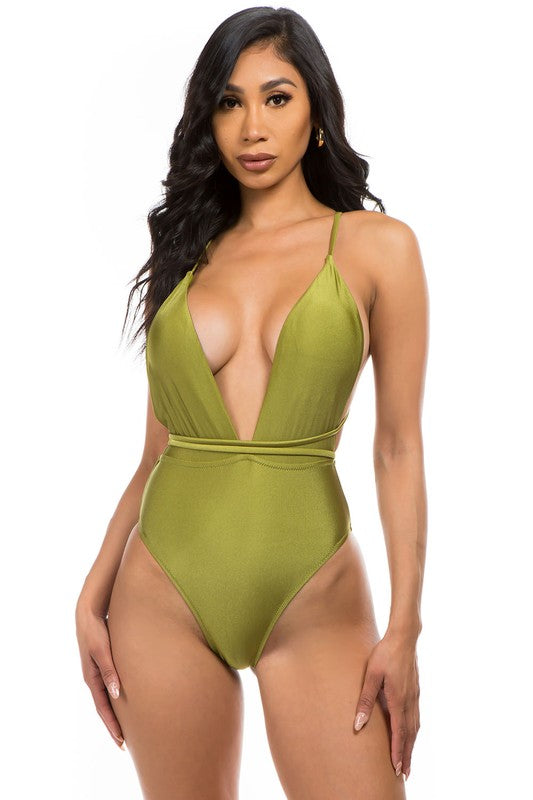 olive Low V-Neck One Piece Swimsuit