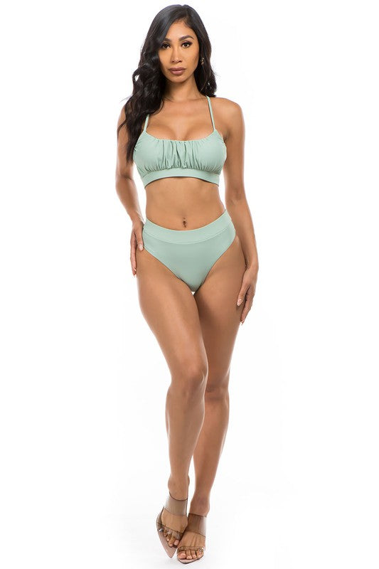 full body view of model wearing Sage green Ruched Top High Waisted Bikini 