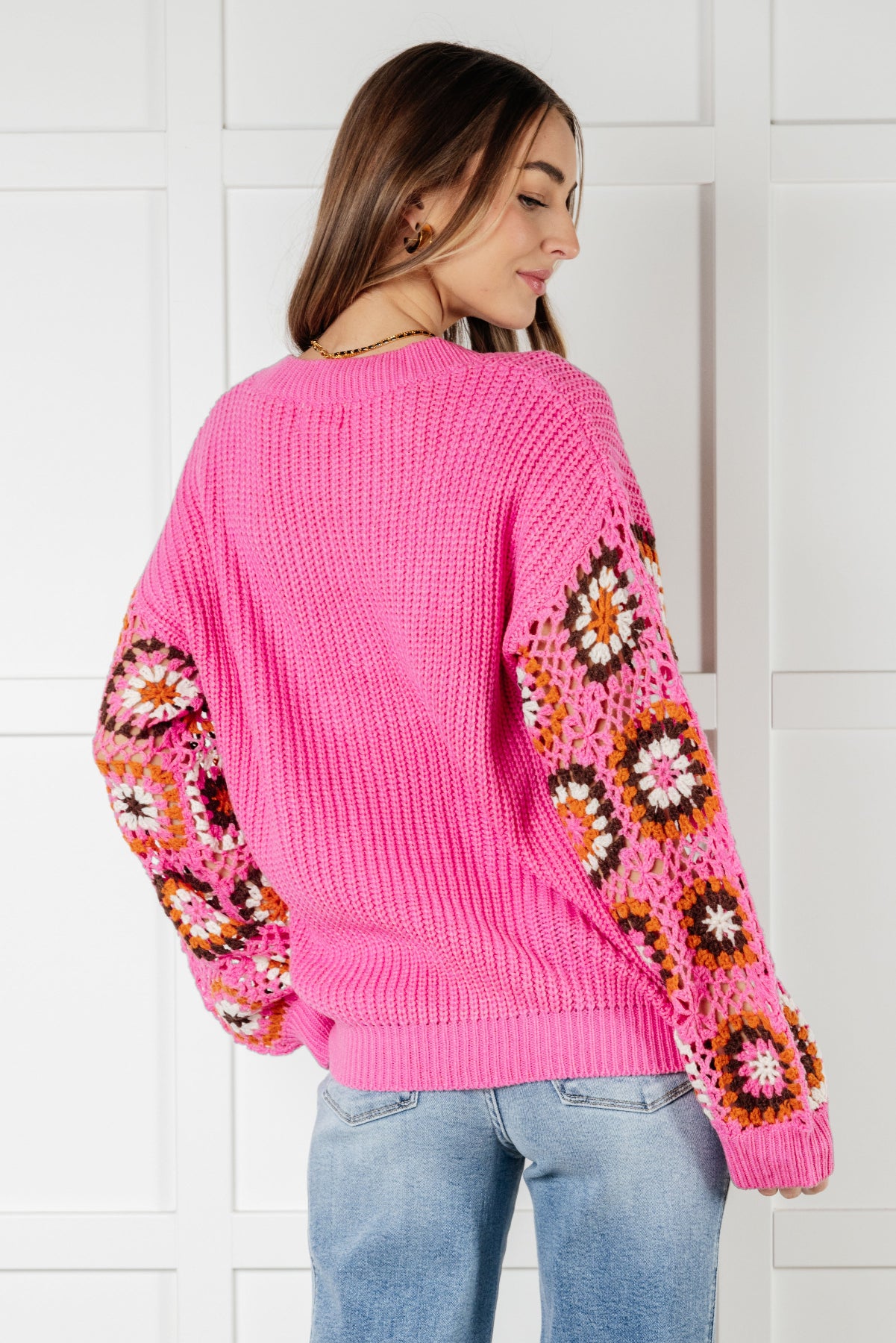 Pink Crochet Sleeve V-Neck Sweater back