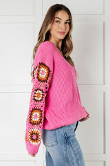 Pink Crochet Sleeve V-Neck Sweater side sleeve detail