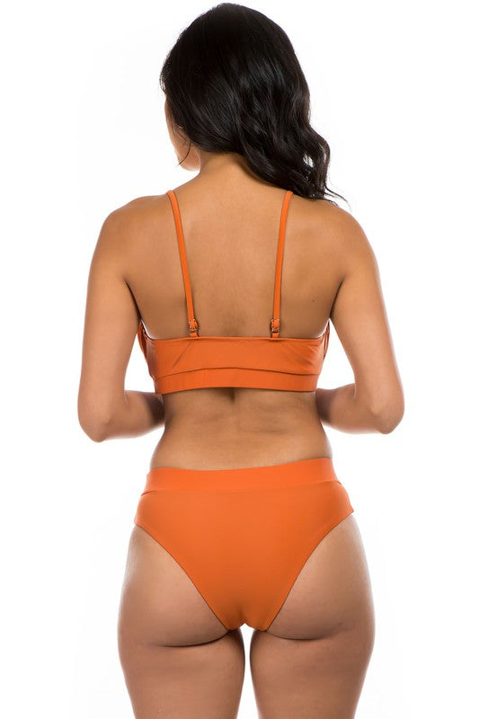 back view of model wearing copper Ruched Top High Waisted Bikini 