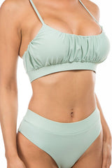 close up of Sage green Ruched Top High Waisted Bikini 