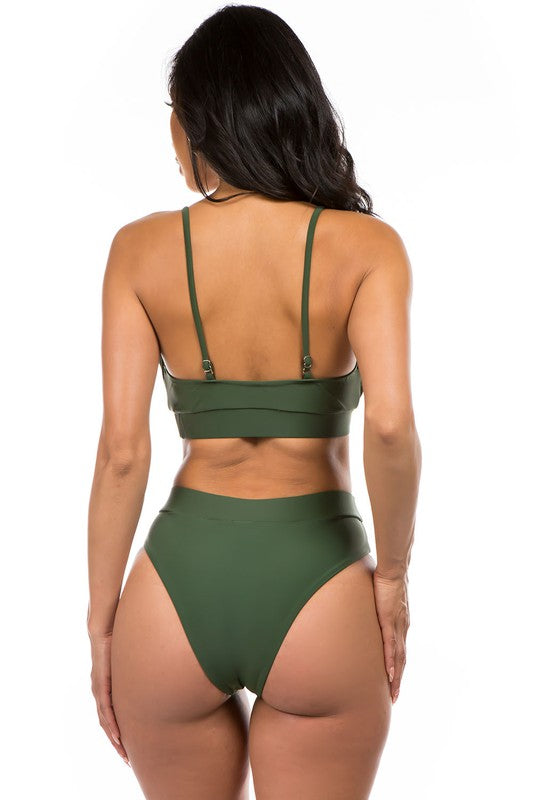 back view of model wearing hunter green Ruched Top High Waisted Bikini 