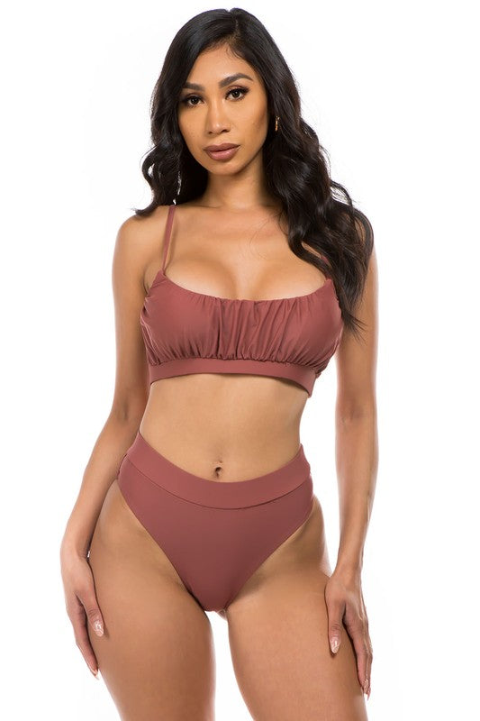 model wearing Brown Ruched Top High Waisted Bikini 