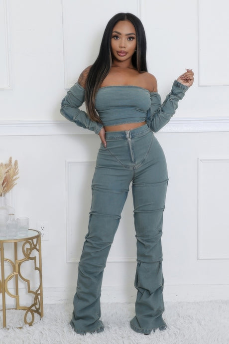 High Waisted Denim Pant Set