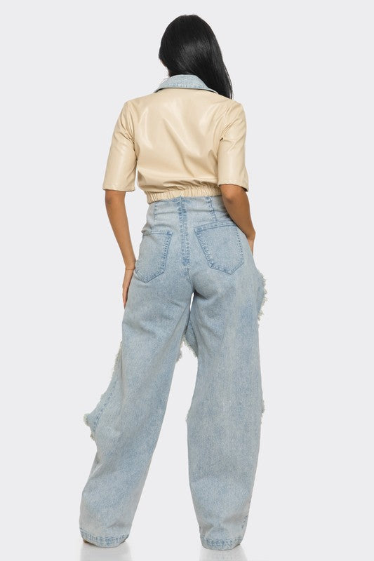 faux leather beige top with cut out denim pants back view