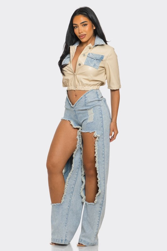faux leather beige top with cut out denim pants - side angle