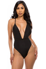 Black Low V-Neck One Piece Swimsuit