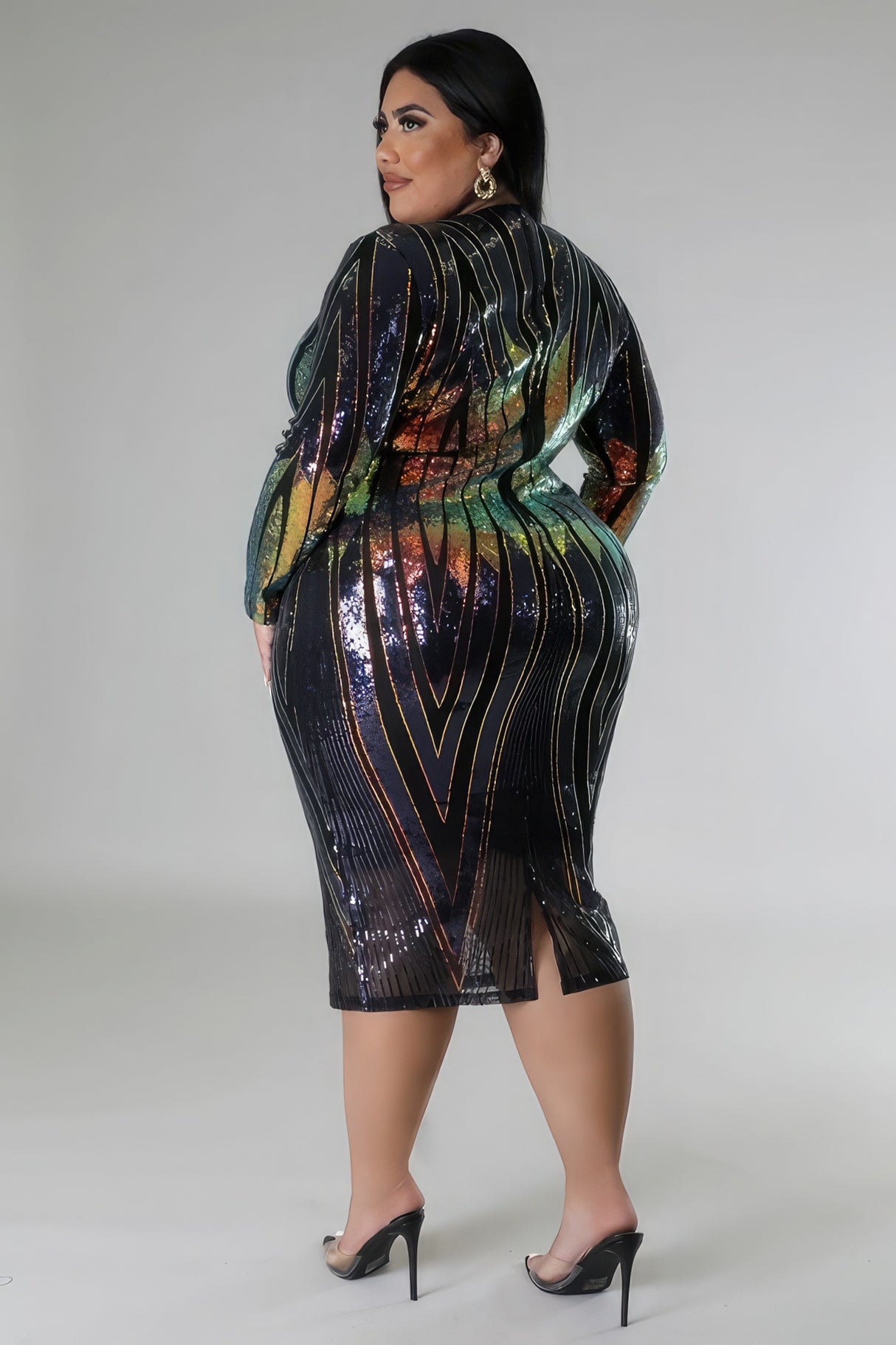 Plus Size Long Sleeve Sequin Midi Dress