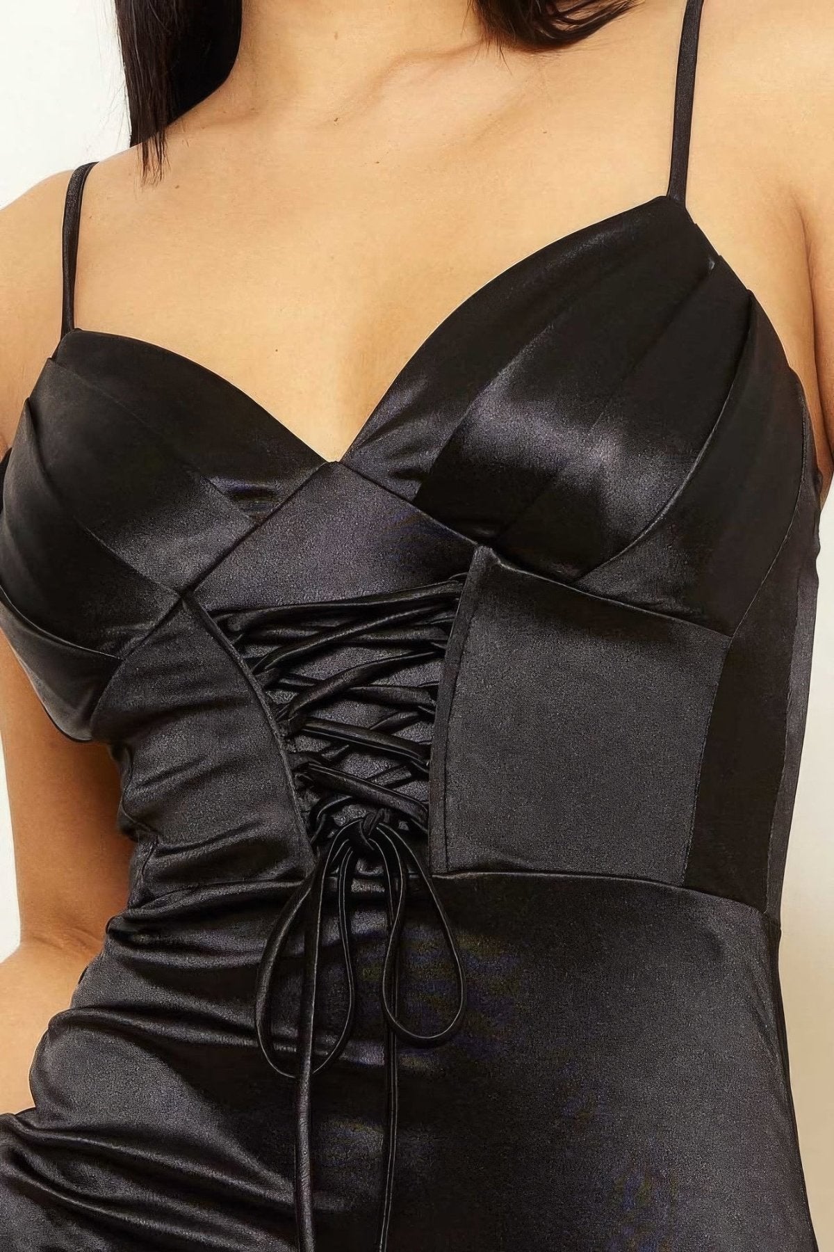 Black Satin Caged Waist Maxi Dress with Pleated Cami Top close up