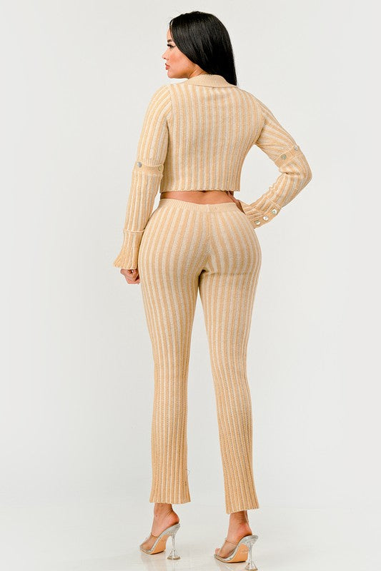 Beige Cozy Knit High Waisted Pant Set back view