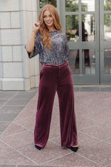 Luxe Velvet Wide Leg Trousers in Burgundy