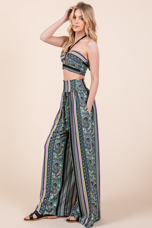 Boho Print Halter Crop Top with Wide Leg Pants with Pockets