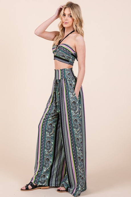 Boho Print Halter Crop Top with Wide Leg Pants with Pockets