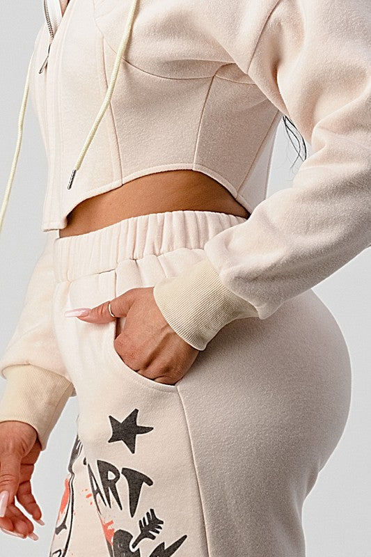 Cropped Jacket and Graphic Pants Set - Ivory