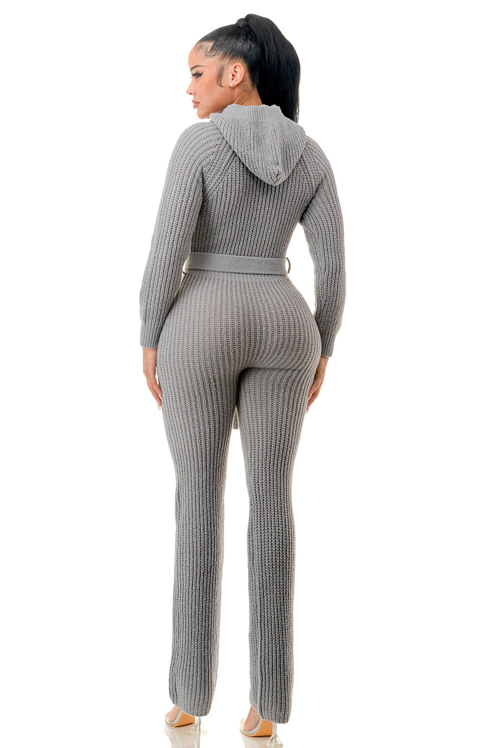 Grey Belted Thick Knit Hooded Jumpsuit back