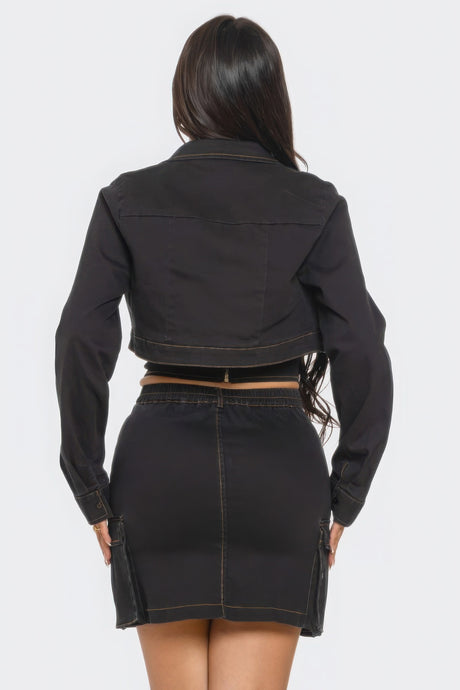 Black Three Piece Cropped Jacket Skirt Set back view