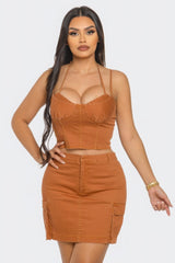 Brown Three Piece Cropped Jacket Skirt Set without jacket