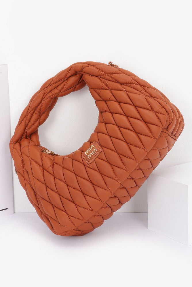 camel Quilted Faux Leather Hobo Bag