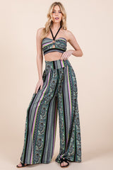 Boho Print Halter Crop Top with Wide Leg Pants with Pockets