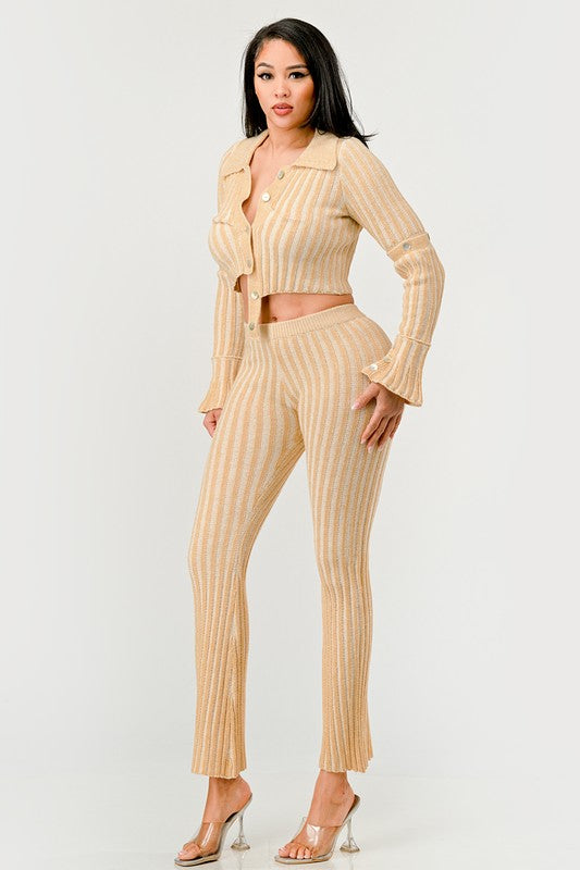 Beige Cozy Knit High Waisted Pant Set side view