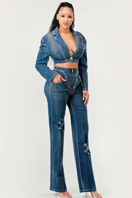 Distressed Denim Pant Set