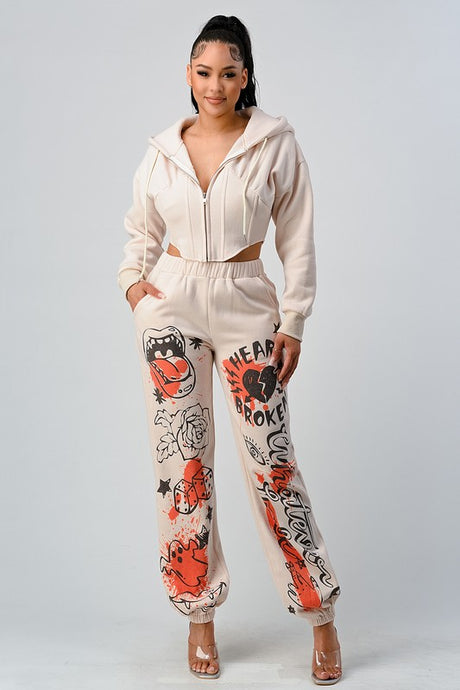 Cropped Jacket and Graphic Pants Set - Ivory