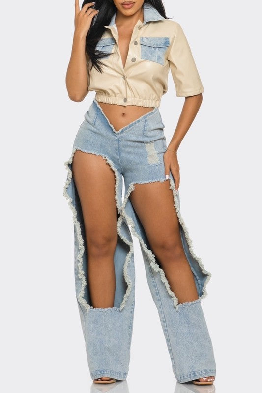 faux leather beige top with cut out denim pants close up of pants