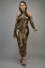 Gold Metallic Ruched Maxi Dress with keyhole sleeves