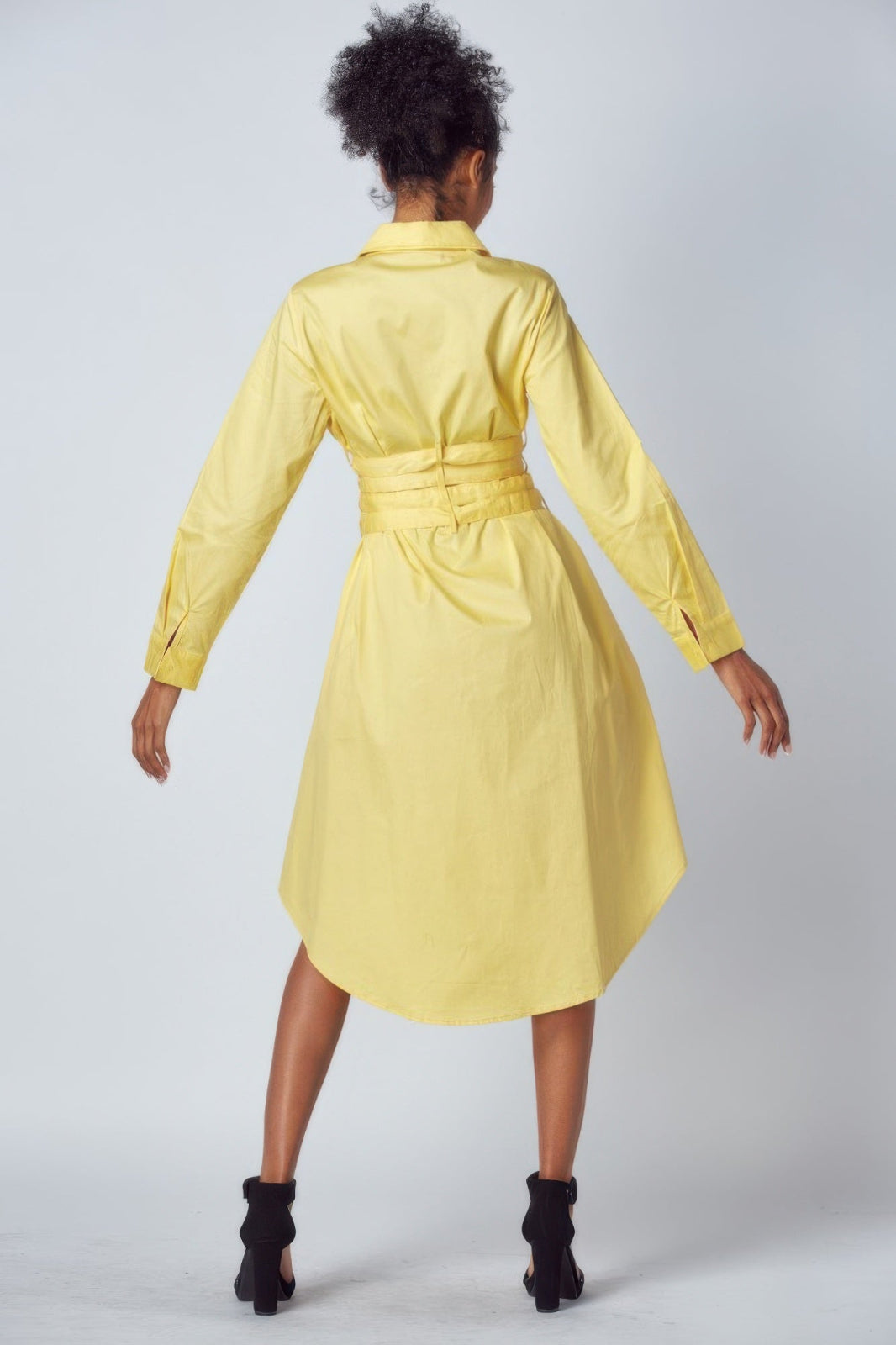 Yellow long sleeve dress with tie up detail back view