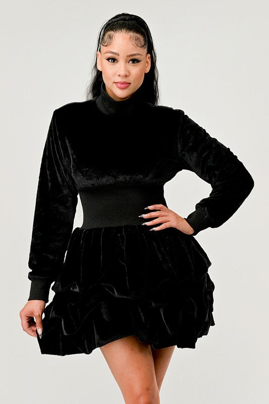 Black Cascading Ruffles Long Sleeve Dress