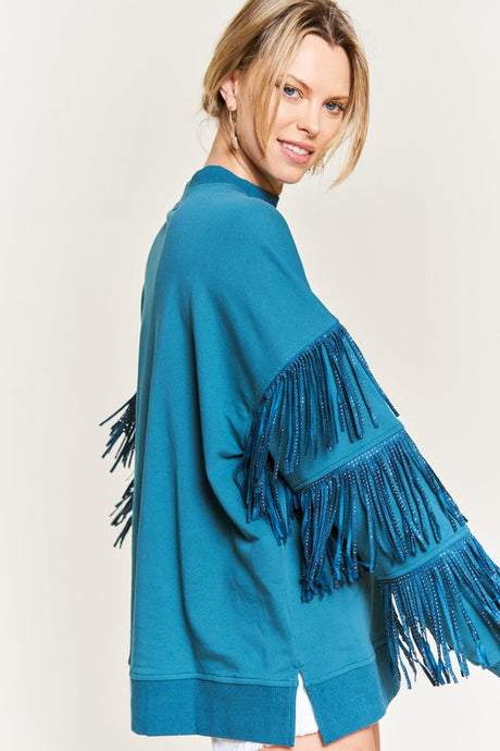 blue Silver Studded Fringe Sleeve Top