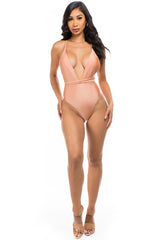 model wearing pink Low V-Neck One Piece Swimsuit