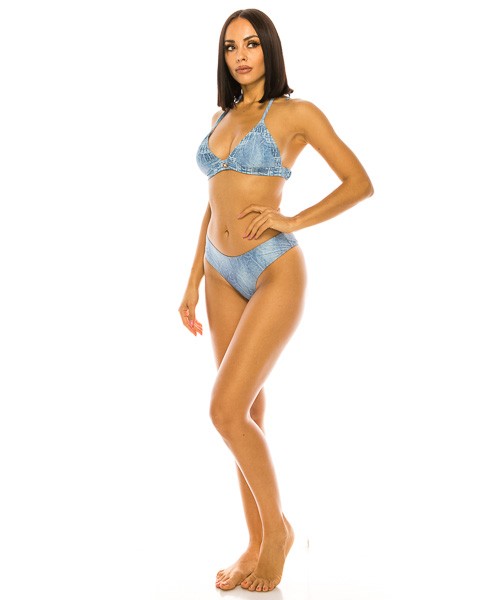 model wearing Two Piece Denim Print Bikini